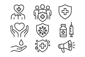Public health icon set. Healthcare, medical and virus protection symbols. Community safety, vaccination, immune system, hygiene and pandemic awareness concept vector line icons.