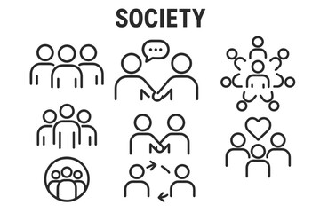 Society and community icon set. Line icons for teamwork, communication, and collaboration. Vector symbols for group, people, network, and social connection. Partnership concept.