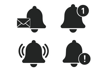 Notification bell icon set. Alert for incoming message. Ringing bell for alarm reminder. Subscribe button symbol. New notice counter. UI UX element for web, mobile app.