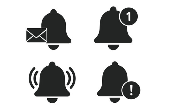 Notification bell icon set. Alert for incoming message. Ringing bell for alarm reminder. Subscribe button symbol. New notice counter. UI UX element for web, mobile app.