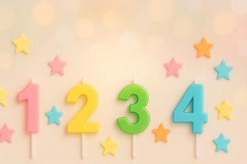 Cute birthday number candles 1 to 4 with colorful stars on soft cream backdrop