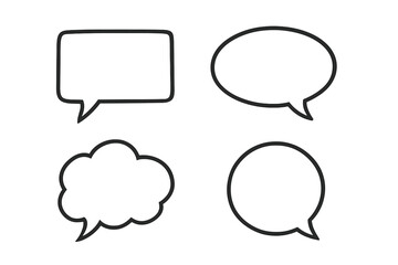 Set of 4 blank speech bubble outline icons: comic dialogue balloons, round, oval, rectangle and cloud chat frames, empty text box vector isolated on transparent background