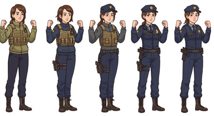 Obraz premium Cartoon illustrations of young women in modern police and military uniforms performing powerful pose