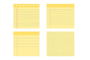 Realistic Yellow Legal Pad Pages Set with Ruled, Grid, and Blank Designs, Square Notepad Mockups, Isolated Vector Paper Templates, Stationery Elements for Notes and School or Office Concepts