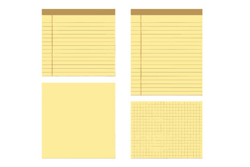 Yellow Legal Pad Paper Set – Ruled, Lined, Blank, Graph Grid Pages Collection. Notepad Templates, Stationery Mockup, Office and School Supplies, Transparent Vector Illustration