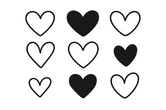 Hand-drawn heart icons set. Cute doodle hearts collection for Valentine's Day. Love symbol silhouette and line art. Simple black vector romantic sketch illustration.