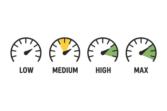Analog Speed Level Indicators Set, Low Medium High Max, Dashboard Gauge Icons, Energy Power Performance Meters, Colorful Infographic Dials, Isolated Transparent Vector Illustration