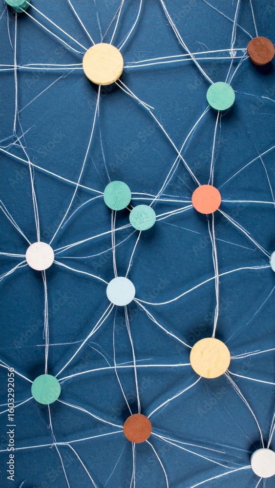 Poster connected multicolor dots with lines representing a network on a dark blue backdrop
