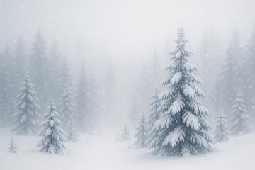 Fototapeta premium Foggy winter pine forest scene with snowfall and soft cold blue atmosphere