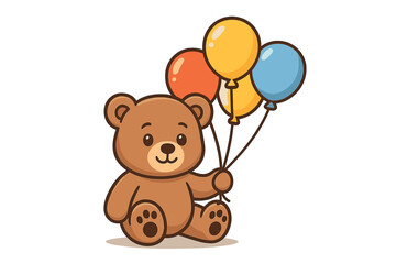 Adorable cartoon teddy bear holding colorful balloons, cute plush toy animal illustration, children’s birthday party decor, playful nursery art, isolated on white transparent background