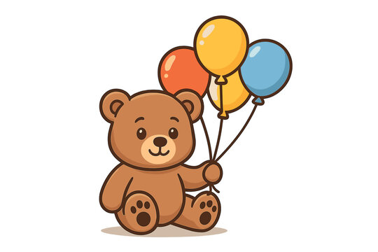 Adorable cartoon teddy bear holding colorful balloons, cute plush toy animal illustration, children’s birthday party decor, playful nursery art, isolated on white transparent background - Powered by Adobe