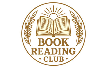 Vintage Gold Book Club Logo, Elegant Reading Badge Emblem, Open Book Vector, Laurel Wreath, Sunburst, Literary Society Design, Transparent Background, Classic Retro Library Icon Illustration