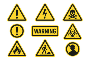 Warning signs vector set. Collection of hazard symbols like high voltage, biohazard, poison, and fire. Safety first concept illustration. Attention and danger icons.