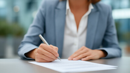 Female signing real estate contract in modern office setting, close-up