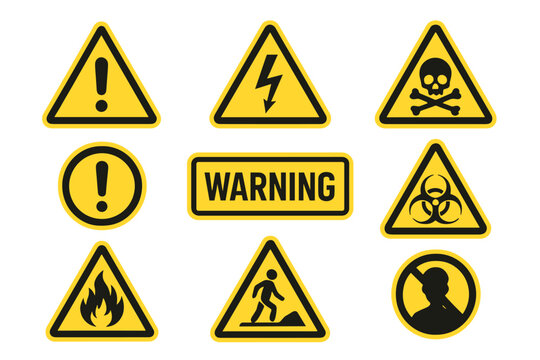 Warning signs vector set. Collection of hazard symbols like high voltage, biohazard, poison, and fire. Safety first concept illustration. Attention and danger icons.