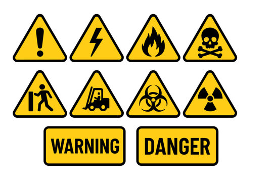 Warning and danger signs vector icon set. Collection of safety hazard symbols like high voltage, flammable, toxic, death, skull, biohazard, radiation, and forklift.