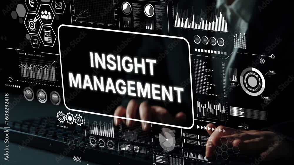 Poster digital device showcasing insight management with data visualization elements in a modern business e