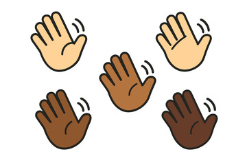 Obraz premium Waving hands icon set with diverse skin tones. Multiracial hello gesture emoji collection. Concept for equality, inclusion, and multicultural community. Vector illustration.