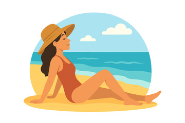 Relaxed Woman in Sun Hat Sitting on Golden Sand Beach, Summer Seaside Vacation, Tranquil Ocean Waves, Cloudy Sky, Peaceful Getaway, Sunbathing Leisure, Modern Vector Art Illustration