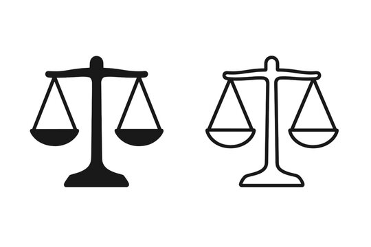Scales of justice vector icon set. Law and legal symbol for court and lawyer. Balance, equality, and judgment concept pictogram. Libra zodiac sign silhouette and outline.