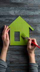 Hands painting green house shape with red brush on wooden background image