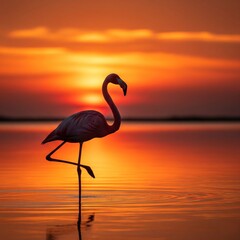 Elegant Flamingo Standing in Shallow Lagoon at Sunset

