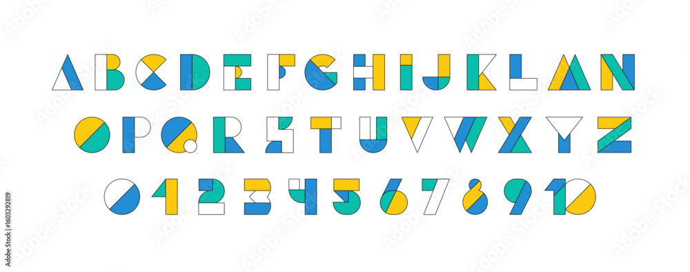 Poster typography font with geometric alphabet. modern abstract typeface design with letters and numbers in