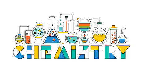 Science laboratory, school chemistry banner with with white background. Medical, chemical or biology lab, school education concept with tubes and flasks, vector illustration