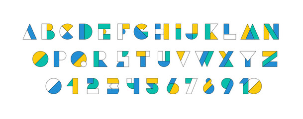 Typography font with geometric alphabet. Modern abstract typeface design with letters and numbers in geometry style. Set of English characters and digits, vector illustration