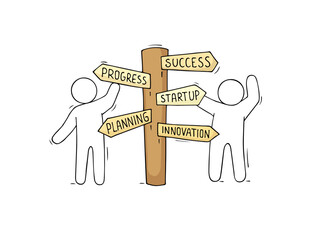 Business concept - people and road sign. Cartoon illustration about planning, choosing, cooperation. Vector hand drawn business icon
