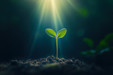 Young Plant Seedling Growing from Black Soil on Blurred Nature Background Banner