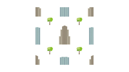 Naklejka premium Lively city skyline pattern with modern buildings and refreshing green trees, ideal for urban designs or eco-conscious projects, a vibrant cityscape design