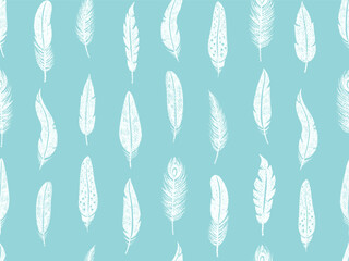 Bird feathers drawn with color crayon pencils. Seamless pattern with doodle bird plumes in chalk texture. Cute set of boho feathers, quills with pattern and crayon or chalk texture, vector illustratio