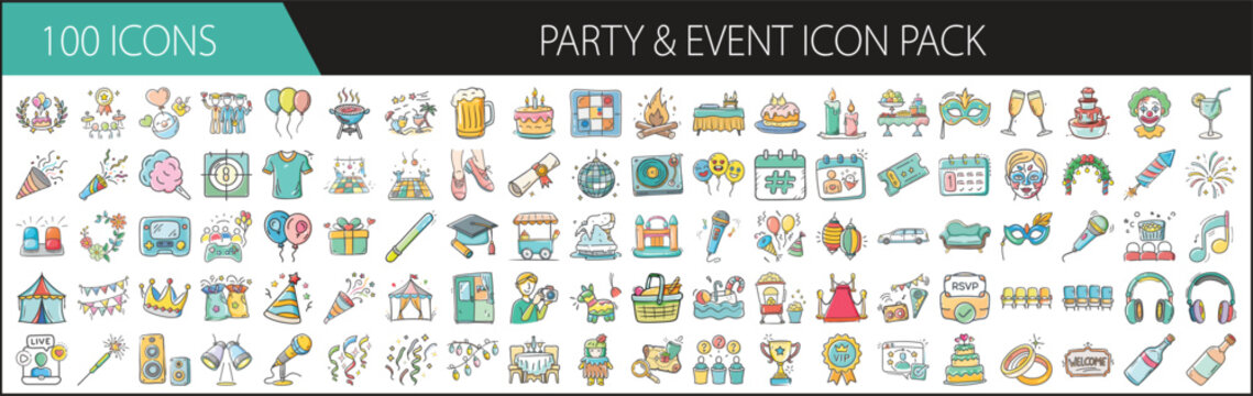 Party and Event Icon Pack with 100 Celebration Elements - A festive collection of 100 colorful cartoon-style icons, featuring party supplies, decorations, drinks, music, and celebration themes for eve