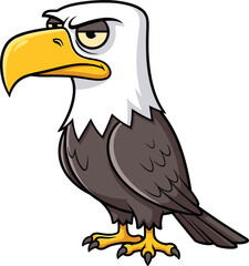 Majestic bald eagle cartoon, fierce eyes, powerful pose, patriotic wildlife symbol, detailed vector drawing, strong bird illustration, soaring strength