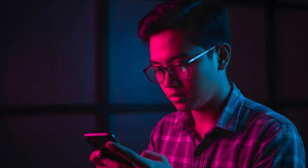 Young man intently using smartphone, illuminated by vibrant pink and blue neon light.