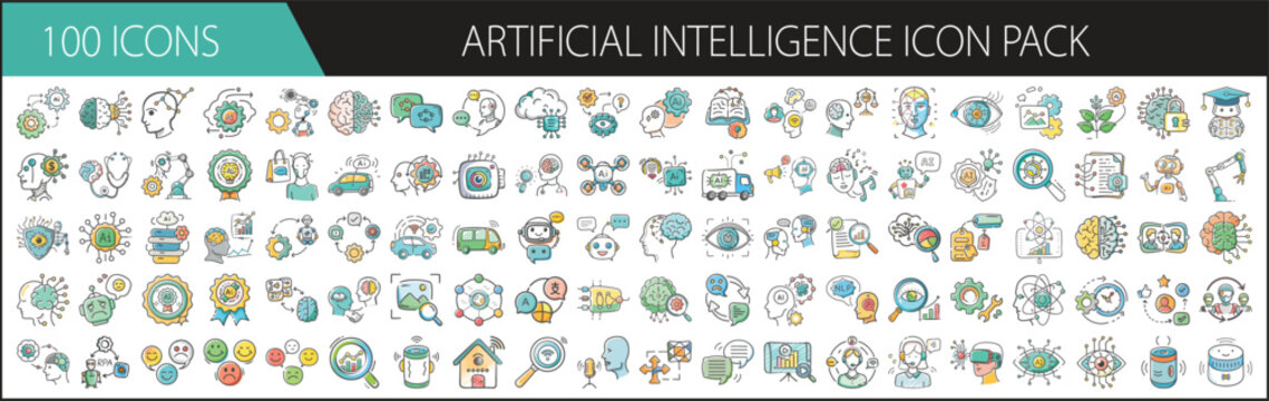 Artificial Intelligence Icon Pack with 100 Tech and Machine Learning Symbols - A futuristic set of 100 cartoon-style AI icons, including robots, brains, neural networks, data, and automation tools for