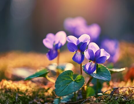 violets in spring forest purple violets viola viola odorata blooming in spring forest