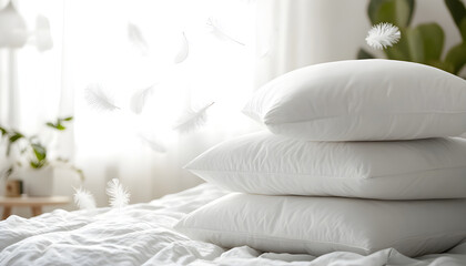 Stack of white pillows with feathers gently flying around in a bright, cozy bedroom. Promotional image for soft, comfortable pillows