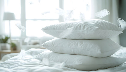 Stack of white pillows with feathers gently flying around in a bright, cozy bedroom. Promotional image for soft, comfortable pillows