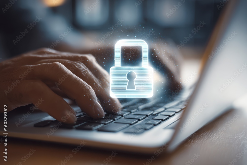 Poster digital technology background with a digital padlock icon and a businessman's hands typing on a lapt