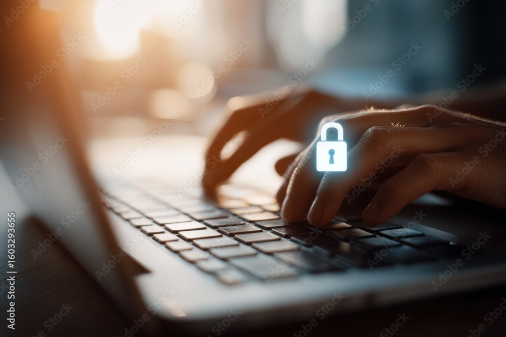 Poster close-up of hands typing on a laptop with a digital padlock icon, symbolizing data security and cybe