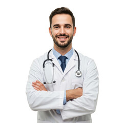 Fototapeta premium Confident male doctor wearing white lab coat and stethoscope smiles with arms crossed against a black background