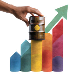 Hand placing oil barrel on rising graph with green arrow isolated on transparent background