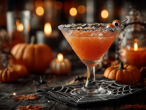 Festive cocktail served in a spooky setting with pumpkins and candlelight during a Halloween celebration