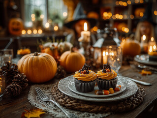 Pumpkin themed table setting with festive cupcakes and autumn decorations for Halloween celebration