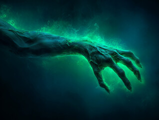Fototapeta premium Mysterious green hand reaching out from darkness in a surreal and eerie atmosphere