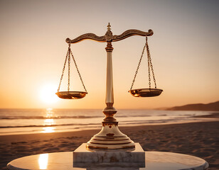 A golden scale on marble with ocean and sunset symbolizing justice
