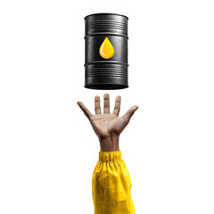 Hand balancing oil barrel with fuel drop symbol isolated on transparent background