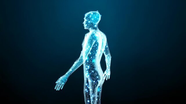Digital human body with glowing network connections on dark background